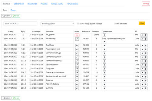 Web-приложение по управлению рекламой в газете